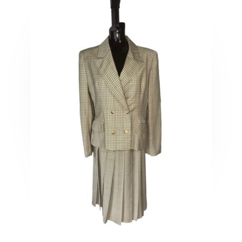 Vintage Bill Blass USA Tattersall Plaid Suit Double Breasted Box Pleat Skirt 14